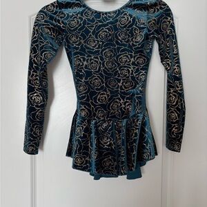 Figure Skating Dress Girls -Velvet Long Sleeve Dress with Gold Floral Mondor